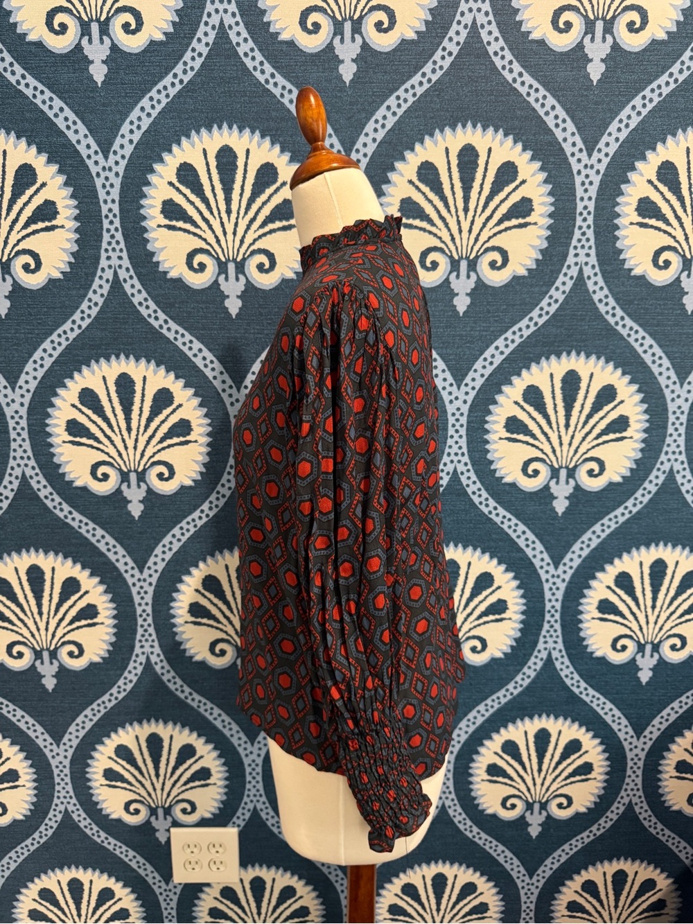 Zara Navy and Red Geometric Ruffle-Neck Blouse - Picture 2 of 4
